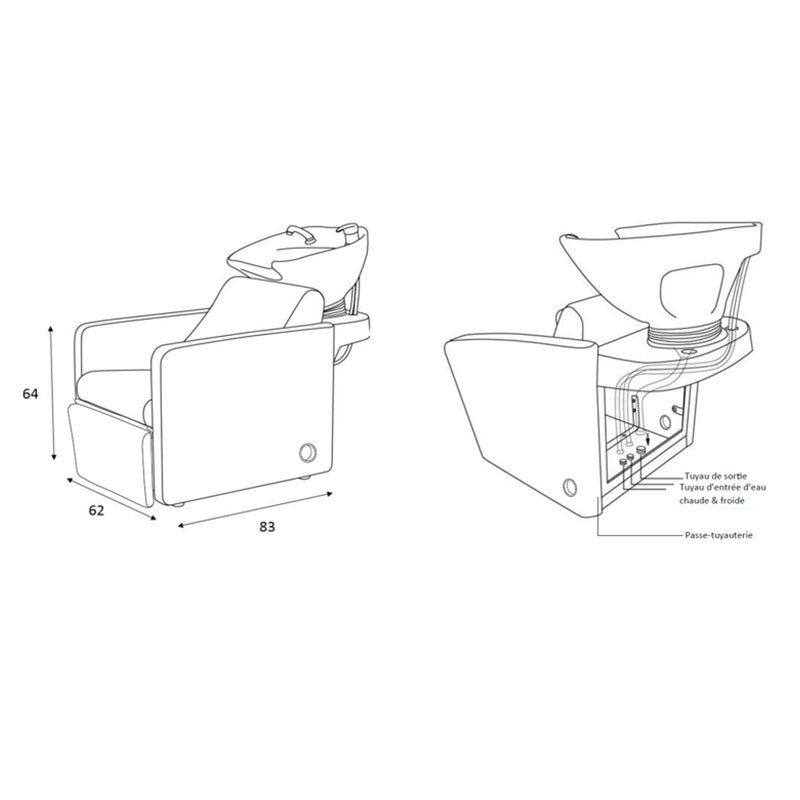 Bac de lavage accoudoirs carrés avec repose jambes ajustable 64x62x83 cm