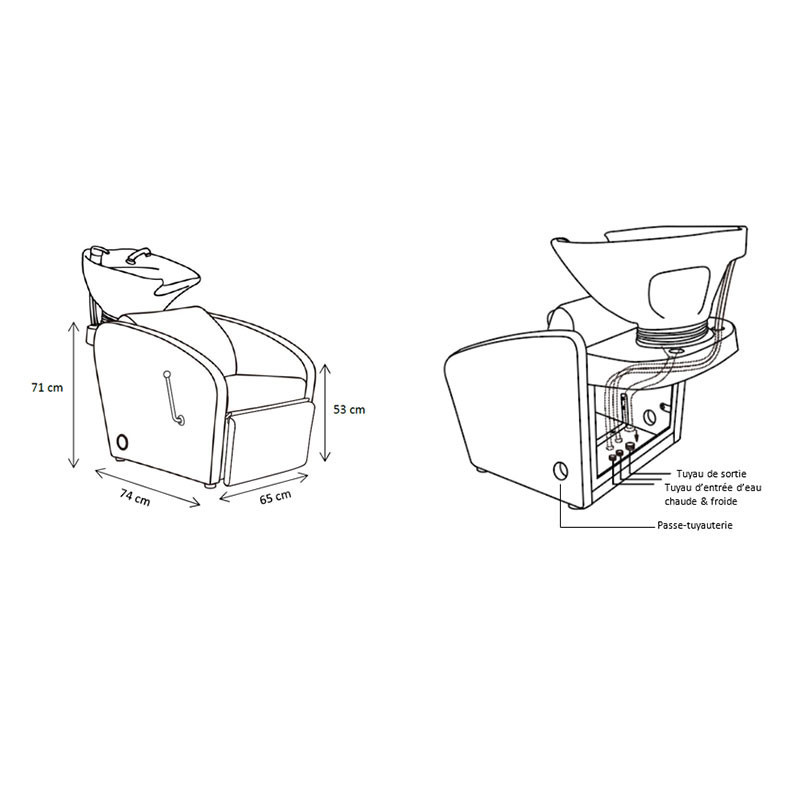 Bac de lavage accoudoirs concaves avec repose jambes ajustable 53x65x74 cm