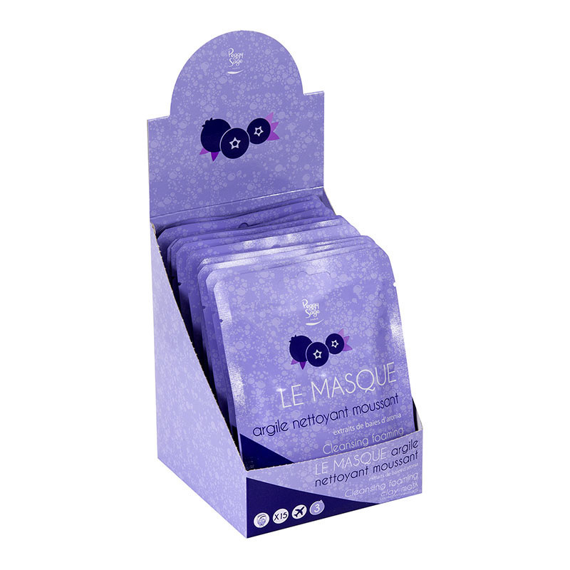 Présentoir masques argile nettoyant moussant x15