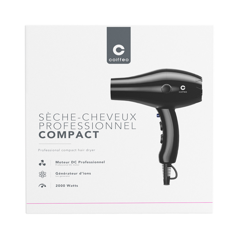 Sèche-cheveux professionnel compact 2000W Noir - Léger et silencieux