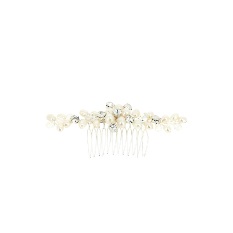 Peigne barrette mariage argenté avec perles et cristaux